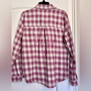 Upcycled Aeropostale Pink Plaid Light Flannel Shirt with Hand Painted Detail